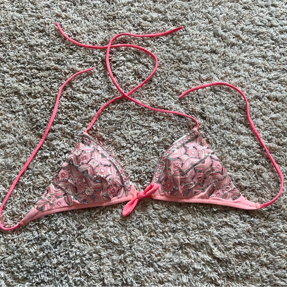 Victoria’s Secret - Women’s Pink/Coral Embellished Sequin Swim Top (S) Y2K 2000s